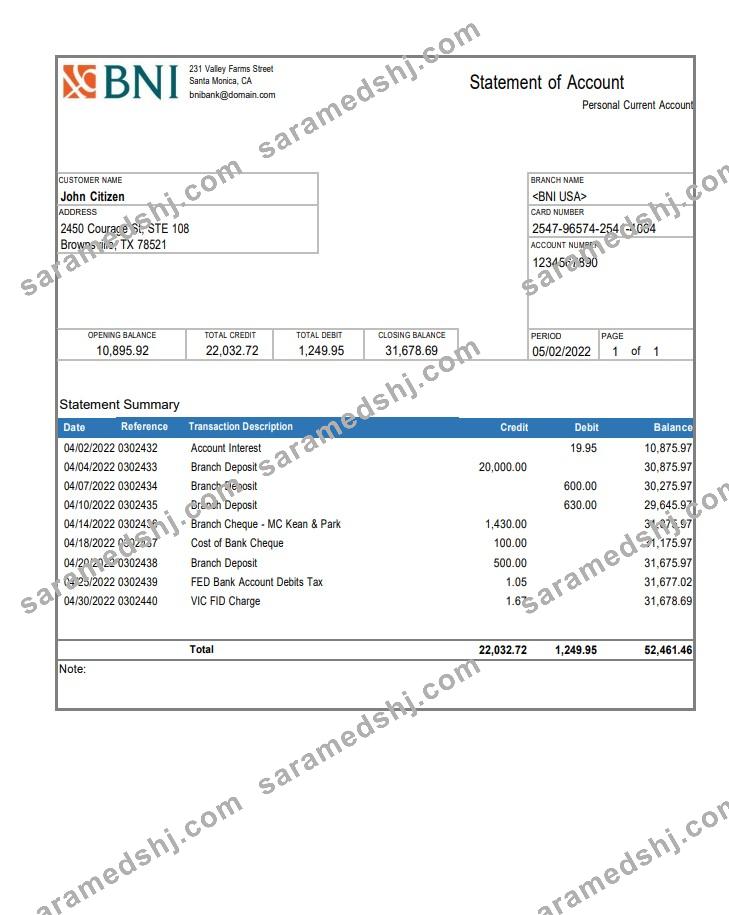 USA Texas BNI bank account statement